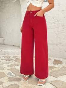SHEIN EZwear 女士口袋宽松阔腿休闲百搭牛仔裤 - 紅色 - 查看 7