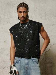 PAVTROS Men's Casual Shiny Round Neck Tank Top, Summer Sparkly Top Men Streetwear - Black - View 4