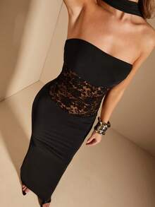 SHEIN BAE Black Strapless, Neck Hanging, Waist Transparent Lace Patchwork, Mesh Fishtail Skirt, Elegant Temperament Dress,Party Dress,Graduation Dress,Wedding Party Dress,Black Dress - Black - View 3