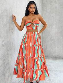 Eryvara Vacation Casual Colorful Print Hollow Lace-Up Backless Cropped Tube Top & Mini Skirt Set - Multicolor - View 1