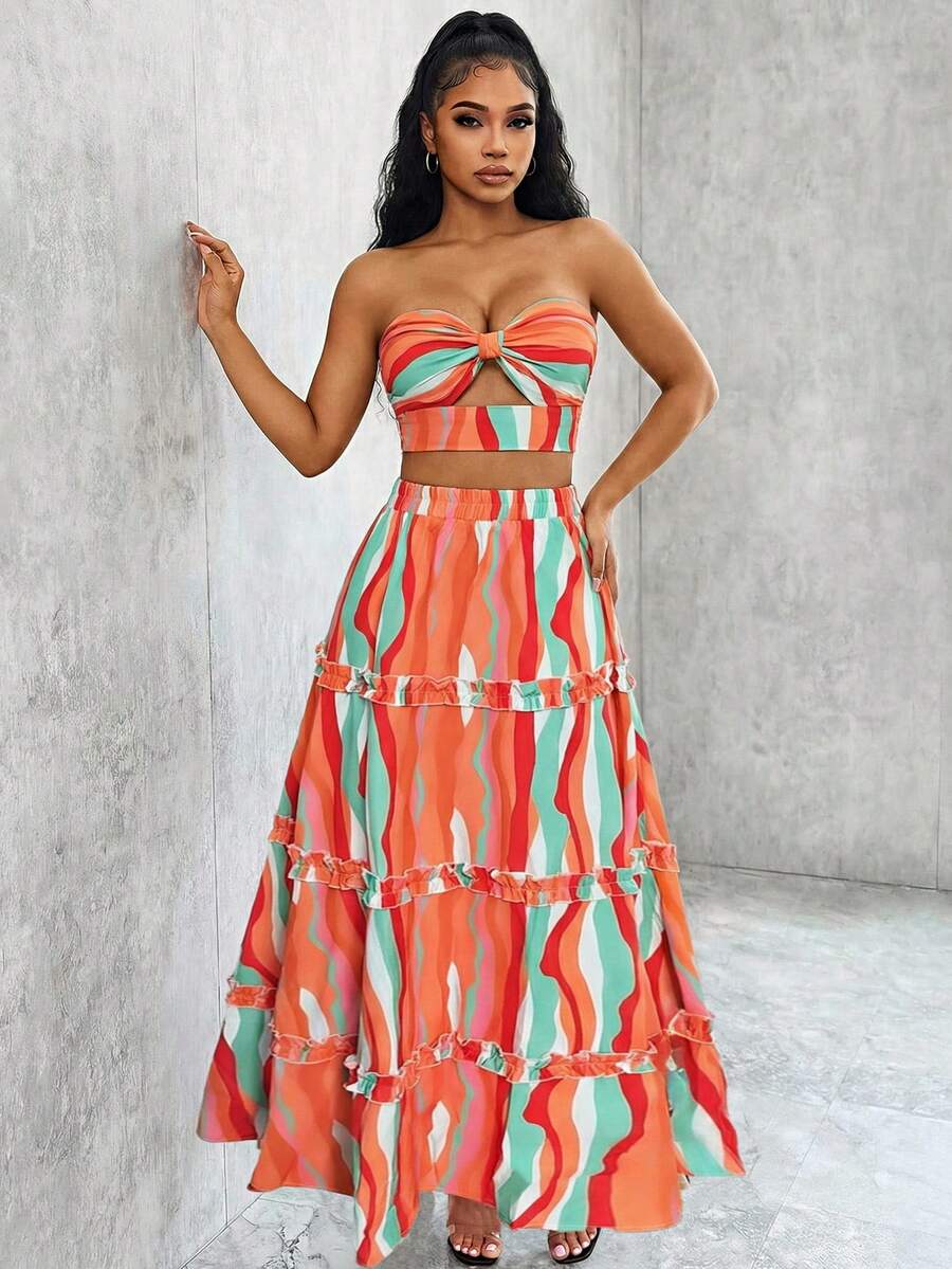 Eryvara Vacation Casual Colorful Print Hollow Lace-Up Backless Cropped Tube Top & Mini Skirt Set - Multicolor - View 1