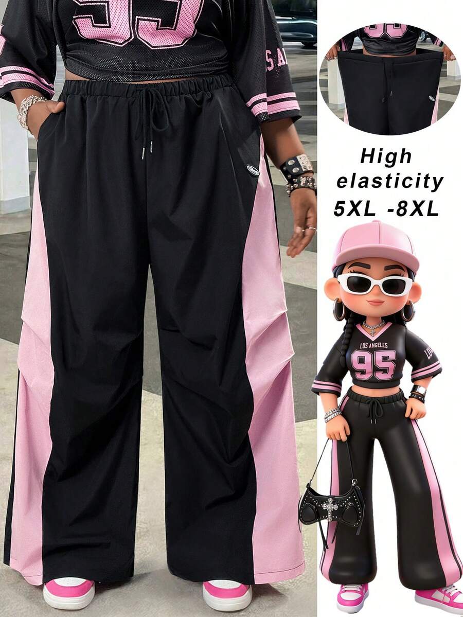 SHEIN CURVE+ Quần ống rộng phối màu dành cho nữ, thích hợp cho các buổi hòa nhạc, đi chơi, dạo phố mùa xuân và hè. - Nhiều màu - Xem 1