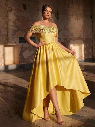Aureia Vestido de novia de talla grande elegante y romántico con hombros descubiertos, escote corazón en color amarillo claro, con lujosos detalles bordados, silueta de línea A con parte delantera corta y parte trasera larga, adecuado para bodas, fiestas, celebraciones y bailes formales
