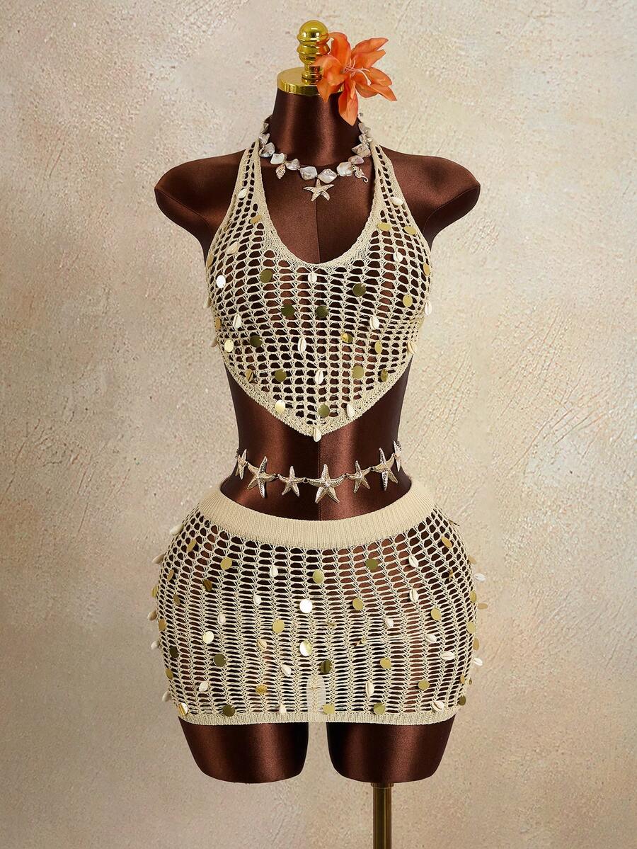 Swim Vcay 2026 New Arrival Women's 2-Piece Bikini Set, Fashionable Hollow-Out Streetwear For Music Festival, Beach Party, Casual Dress, Sexy Crochet Knit Crop Top And Mini Skirt Set - Khaki - View 1