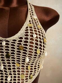 Swim Vcay 2026 New Arrival Women's 2-Piece Bikini Set, Fashionable Hollow-Out Streetwear For Music Festival, Beach Party, Casual Dress, Sexy Crochet Knit Crop Top And Mini Skirt Set - Khaki - View 7