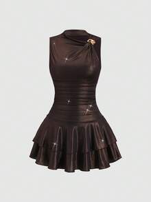 Sweetra Nuevo vestido mini de tela brillante, sexy, para fiesta, casual y de uso diario, sin mangas, con cintura ceñida, doble volante en el bajo, color marrón café para mujeres - Café integral - Ver 3