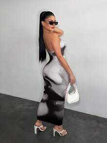 SHEIN SXY Đầm quây in hình khuôn mặt dành cho nữ - Đen và trắng - Xem 7