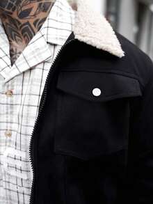 Artur Kramer 男士长袖羊羔绒外套，泰迪领，男士冬季外套，黑色，秋季 - 黑色 - 查看 3