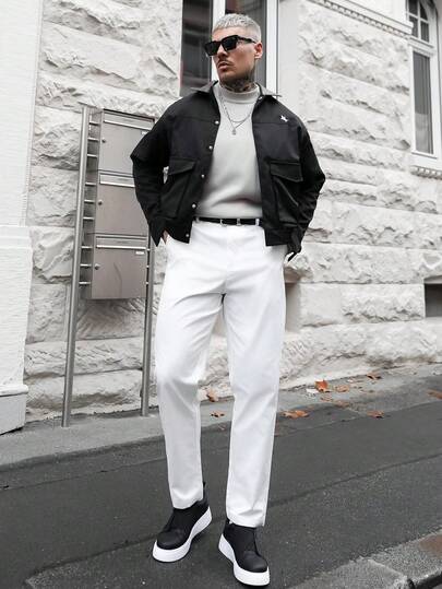 Artur Kramer Męskie, uniwersalne, jednokolorowe, zwężane spodnie garniturowe w kolorze białym