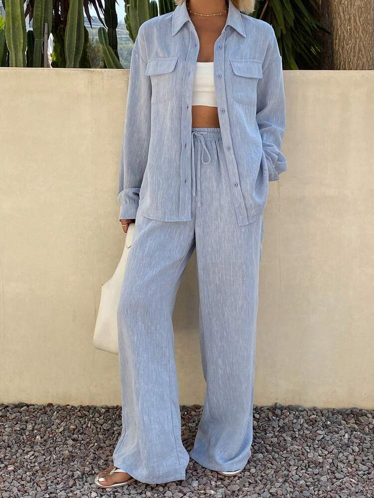 Women's Casual Pocket Shirt With Tie And Wide Leg Pants 2 Pieces Set, Spring/Summer