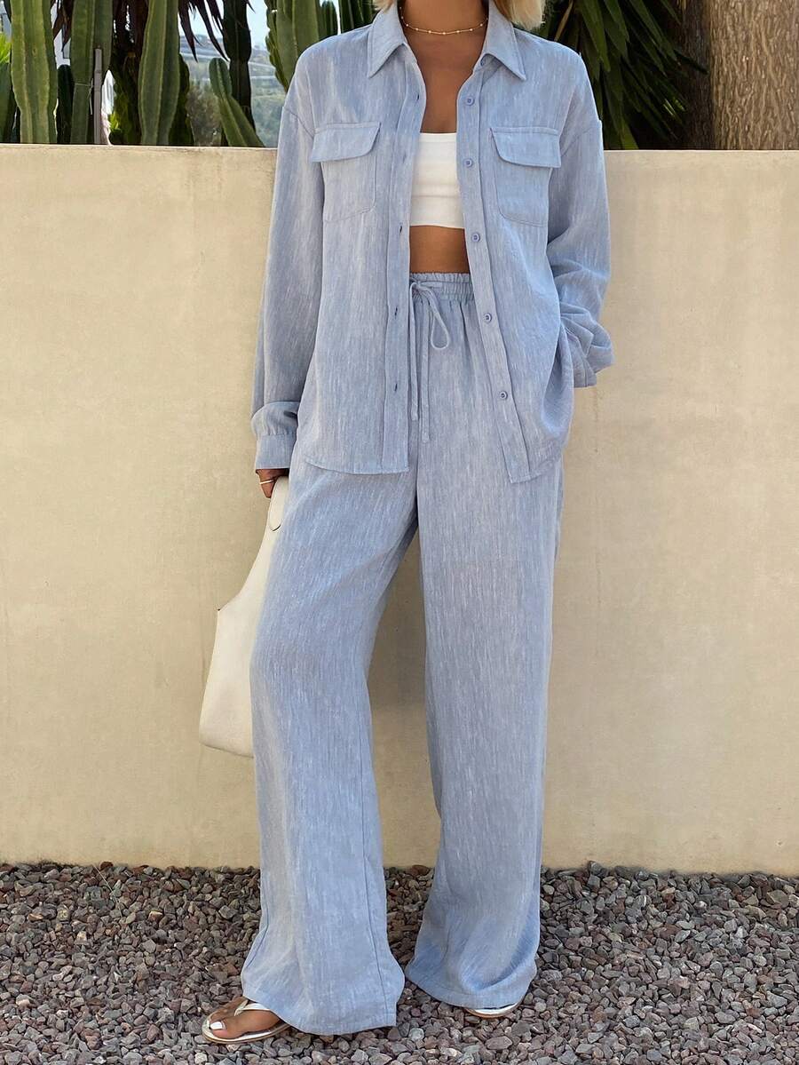 DAZY Conjunto de 2 piezas de camisa casual con bolsillo y corbata, y pantalones de pierna ancha para mujer, primavera/verano - Azul - Ver 1