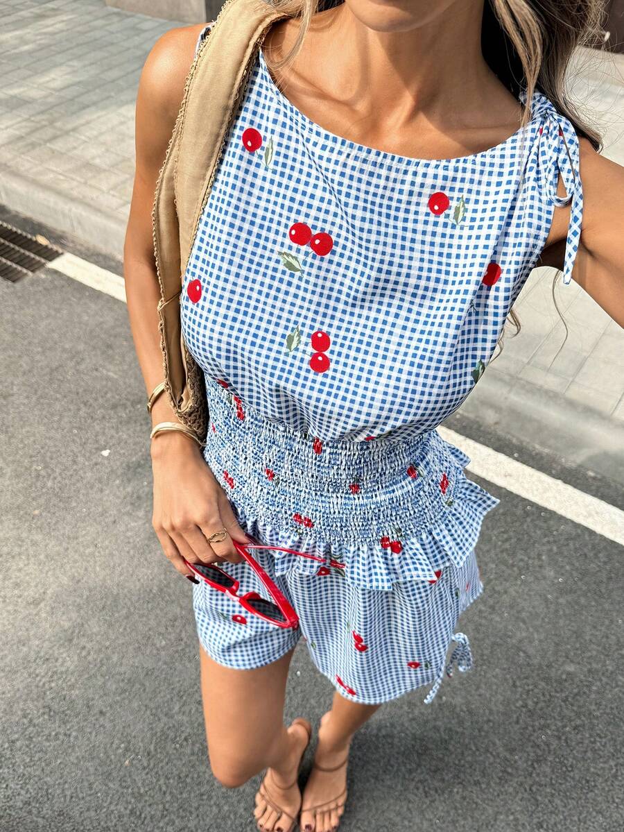 Pariaura French Style White And Blue Plaid Print 2 Pieces Set For Women, Cute Summer Vacation Holiday Outfits, Sleeveless Tie Shoulder Cinched Waist Ruffle Co Ord - Blue - View 1