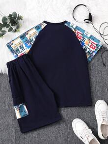 2pcs/Set Boys' Oversized Korean Style Loose Fit Letter & Colorblock "Child Of God" Print T-Shirt And Shorts Casual Outfit - Navy Blue - View 2