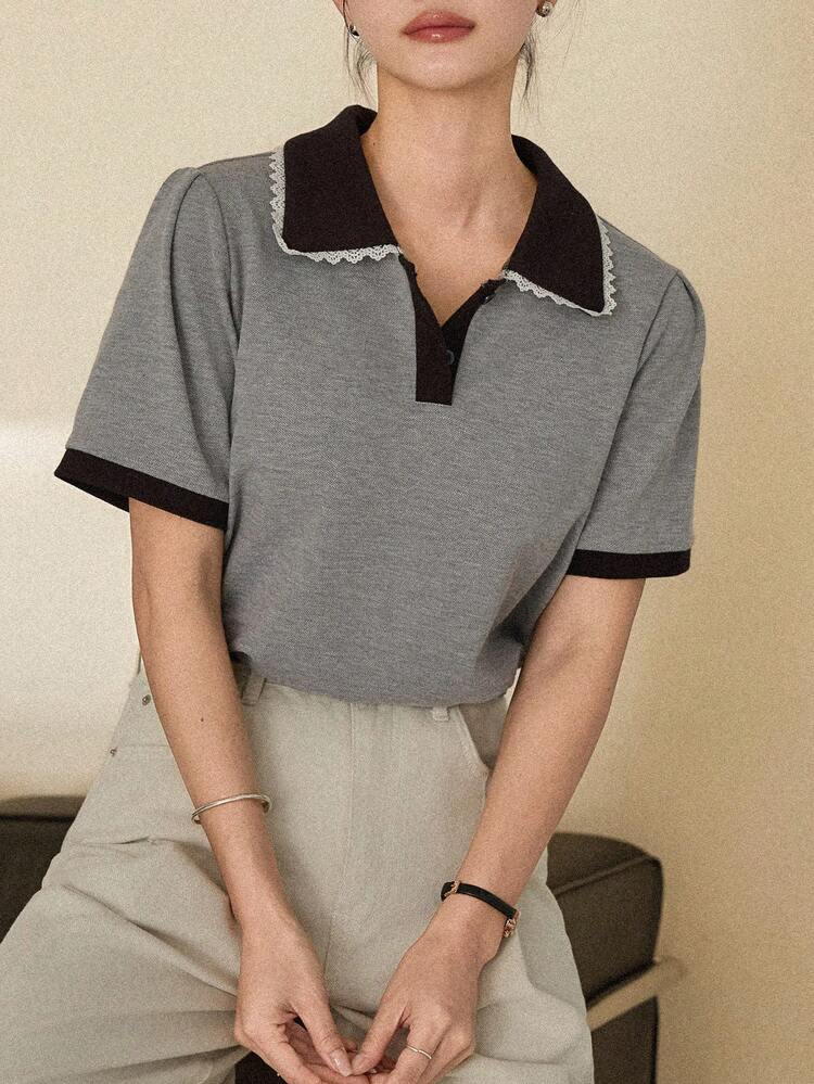Women's Summer Polo Collar Contrast Color Lace Patchwork Casual T-Shirt