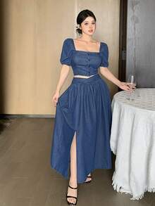 DAZY 泡泡袖露脐上衣搭配牛仔裙，女士休闲度假装扮 - 藍色 - 查看 2