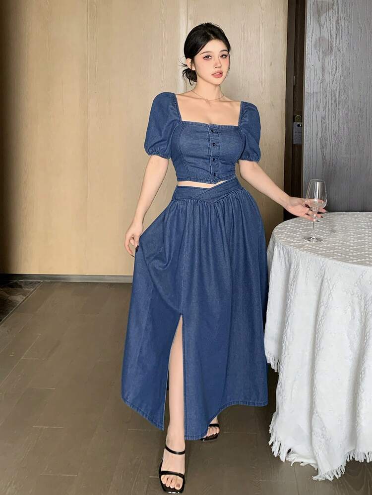 Puff Sleeve Crop Top And Denim Skirt Casual Vacation Outfit For Women