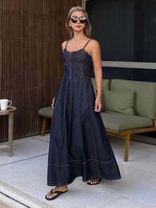 Women Denim Dresses - Dark Washed Blue - View 7