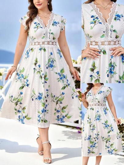 Reflora Plus Size Women's Lace Patchwork Elastic Knit Dress With Flared Hem And Flare Sleeves, Spring/Summer Birthday Dresses For Women Birthday Outfits For Women Carnival Costume Carnival Women Look 2026 Women Carnival Costume Carnival Outfit Carnival Costume For Women Women's Carnival Costume Vacation Outfits Women Holiday Outfits For Women Summer Holiday Outfits Summer Vacation Outfits Spring Outfits For Women Spring Outfit Women Spring Break Outfits Summer Outfits For Women Summer Clothes Summer Vacation Outfits Summer Outfits For Woman Summer Clothes Women Floral Dress Floral Dresses For Women Flower