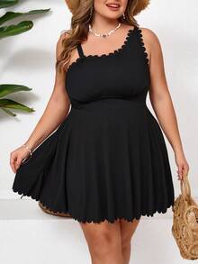 SHEIN CURVE+ Bộ đồ bơi hai mảnh Tankini viền hoa dành cho nữ cỡ lớn, thích hợp cho kỳ nghỉ hè. - màu đen - Xem 6