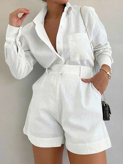 Briarwyn Summer Holiday Textured Linen  Casual Commuter Solid Color Shirt And Shorts 2 Pieces Set,Vacation Outfits Women ,Old Money Style/Cloud Dancer