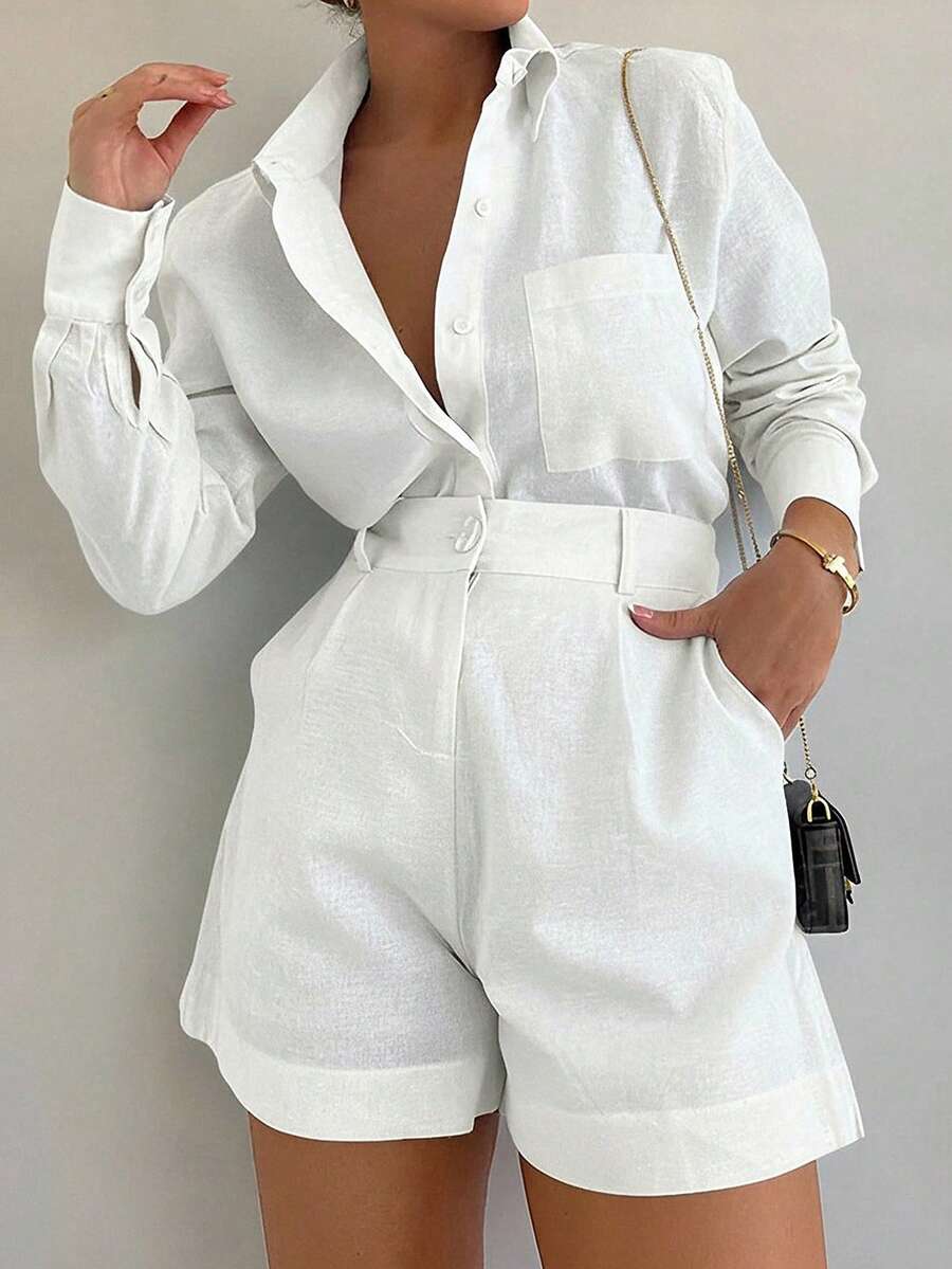 Briarwyn 女士休闲通勤纯色衬衫和短裤两件套 - 白色 - 查看 1