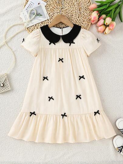 SHEIN Vestido casual para niña con cuello Peter Pan de tejido y contraste de color