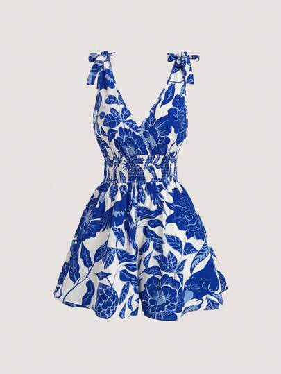 Olithes Women's Floral Print Waist Tie Shoulder Knot Sleeveless Jumpsuit