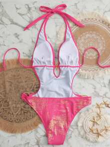 Swim SXY 女士夏季沙滩度假露背吊带连衣裙，特殊面料，侧边饰边 - 粉色 - 查看 5