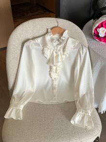 DAZY Women's Stand Collar Ruffle Trim Fashionable Versatile Long Sleeve Blouse - White - View 10