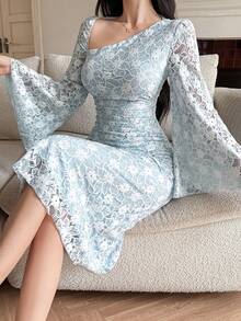 DAZY Women's Elegant Lace Asymmetric Ruched Long Dress, Spring/Summer Sundress - Baby Blue - View 3