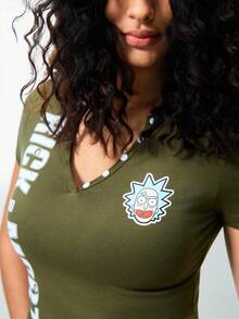 Rick and Morty X SHEIN 女士纽扣设计短袖露脐T恤 - 軍綠色 - 查看 6