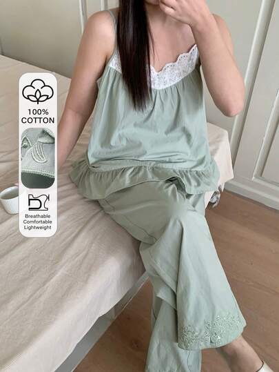 Dazy Plus Set de pijama de 2 piezas con camiseta holgada con encaje en contraste y pantalones largos, para primavera/verano