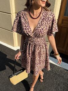 Solivie Women's Leopard Print Overlap V-Neck Ruffle Sleeve Short Casual Dress Cheetah Print Dress Butterfly Sleeve Dress Wrap Dress Animal Print Dress Leopard Print Dress Festival Dresses  Summer Outfits   Summer Dresses  Summer Vacation Outfits Women Going Out Outfits - Brown - View 1