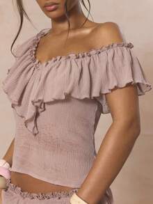 MUSERA Deep V Ruffled Neckline Hem Fitted Crinkled Sleeveless Top Coord Top Only Cute Spring Holiday Girly Sugar Salt - Dusty Purple - View 2