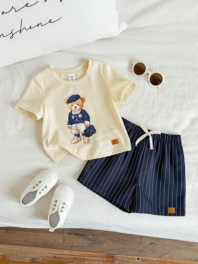 SHEIN 2pcs/Set Baby Boy Cute Casual Summer Knit Bear Print Short Sleeve T-Shirt & Plaid Elastic Waist Shorts Set