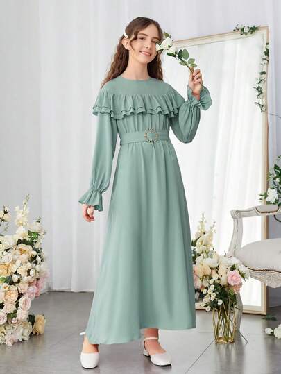 SHEIN Teen Girls Ruffle Trim Flounce Sleeve Belted Dress Graduation Dress