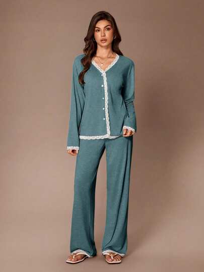 Lazeform V-Neck Cardigan With Button, Long Sleeve Lace Patchwork Top And Straight Leg Pants Women Pajama Set, Autumn/Winter