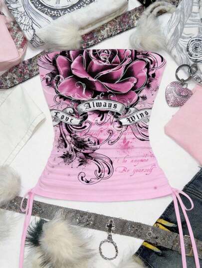 Attitoon Y2K亚文化性感露脐上衣，复古玫瑰印花抽绳系带紧身抹胸上衣，女士款
