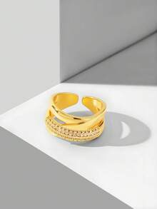 MOTF PREMIUM Pre18k Gold Plated Double Layer Simple White Diamond Ring - Yellow Gold - View 2