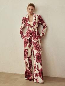 MOTF PREMIUM MINIMALIST ELEGANT LINEN FLORAL PRINT BLAZER, SPRING/SUMMER - Burgundy - View 5