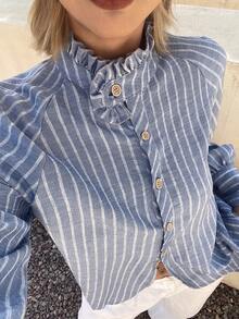 DAZY Women's Ruffle Collar Striped Raglan Sleeve Single-Breasted Shirt - Blue - View 8