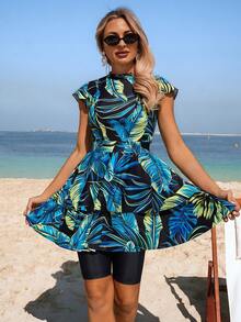 Swim Mulvari Women's New Arrival Green Printed 2-Piece Swimwear, Round Neck Ruffle Sleeve Crop Top And High-Waisted Ruffle Hem Shorts, Fashionable Beach Party Holiday Swimwear Set - Multicolor - View 5