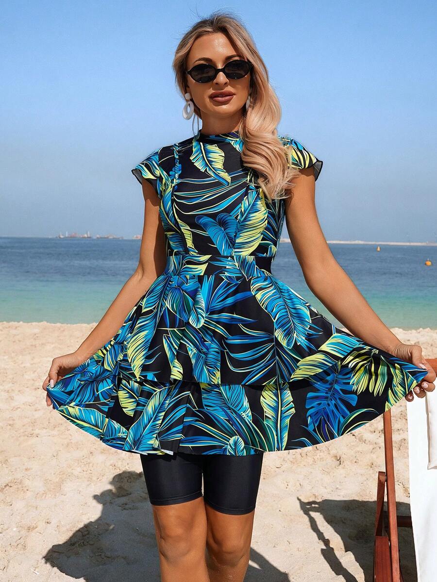 Swim Mulvari Conjunto de traje de baño de 2 piezas con estampado verde para mujer, top corto con cuello redondo y mangas con volantes, y shorts de tiro alto con dobladillo con volantes, conjunto de traje de baño de moda para playa, fiesta y vacaciones - Multicolor - Ver 1