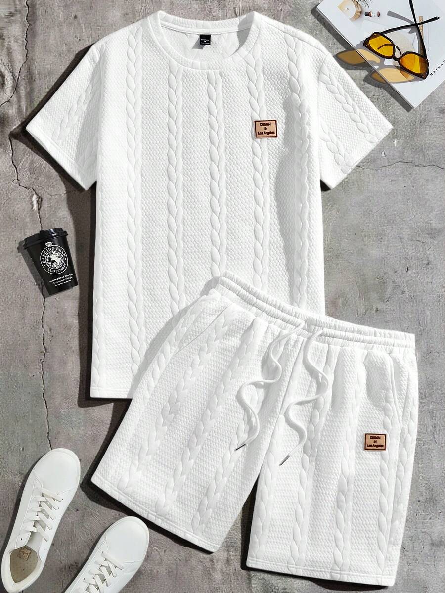 AXEPEAK 男士基本款纯色针织休闲补丁短袖两件套夏季服装，街头风版 - 白色 - 查看 1