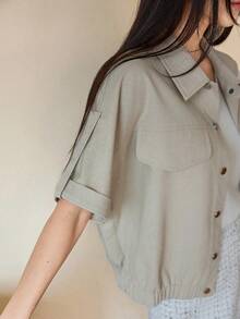 Dazy-Less 女士纯色单排扣休闲百搭日常短袖衬衫，商务休闲夏季款 - 卡其色 - 查看 9