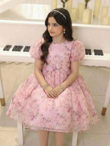 Vestido ajustado con cuello en V, mangas abullonadas y estampado floral para niña preadolescente - Rosa Pálido - Ver 1