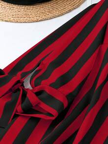 Plus Size Women's Colorblock Striped Print Long Sleeve Shirt For New Year Clothes - Red - View 3