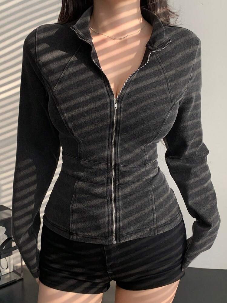 Women's Mandarin Collar Fitted Long Sleeve Cardigan With Split Design, Elegant Sexy Casual Denim Top