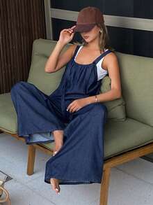 DAZY 女士宽松长款都市休闲牛仔背带裤和连体裤 - 深色水洗藍 - 查看 6