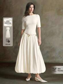 Ontre 2026春夏新款杏色纯色褶皱休闲时尚日常办公派对婚礼宾客连衣裙，中长针织连衣裙，收腰设计，圆领，修身剪裁，适合春夏穿着，办公场合、休闲外出、浪漫情人节、独立日、都市时尚、简约时尚通勤针织连衣裙 - 卡其色 - 查看 6